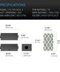 Specifications of 4 Inch Inline Filter Box With High Efficiency Filter For Whole House HVAC Filtration Kit showing dimensions and ratings.