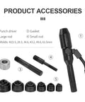 Hydraulic Hole Punch Kit With 6 Dies For Sheet Metal No Fuss Heavy Duty Puncher Lightweight Aluminum Alloy 66KN Pressing Force Digs Holes Cleanly In Aluminum Brass Steel Black Finish Easy Labor Saving Tool, showing punch driver and molds