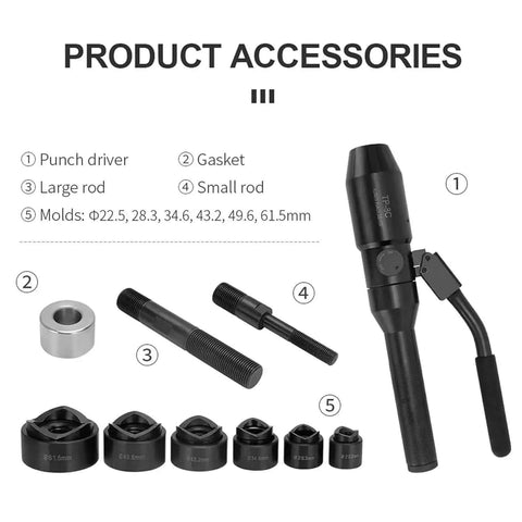 Hydraulic Hole Punch Kit With 6 Dies For Sheet Metal No Fuss Heavy Duty Puncher Lightweight Aluminum Alloy 66KN Pressing Force Digs Holes Cleanly In Aluminum Brass Steel Black Finish Easy Labor Saving Tool, showing punch driver and molds