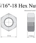 Diagram of 5/16-18 Hex Nuts Made From Workhorse Grade 304 Stainless Steel, showcasing dimensions and right hand threads.
