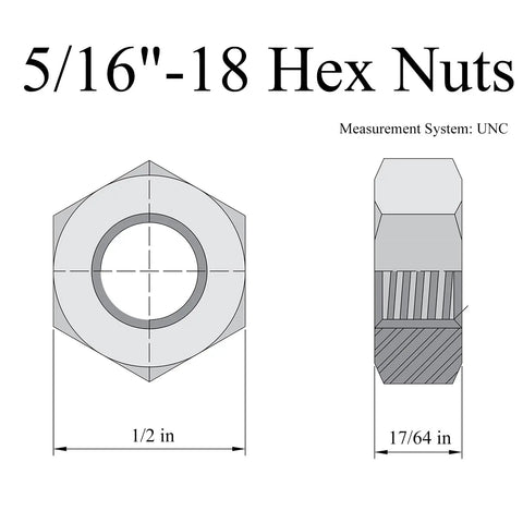 Diagram of 5/16-18 Hex Nuts Made From Workhorse Grade 304 Stainless Steel, showcasing dimensions and right hand threads.