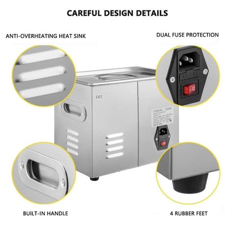 Heavy Duty 15 Liter Industrial Ultrasonic Tank For Parts Cleaning 304 Stainless Steel features anti-overheating heat sink and built-in handle.