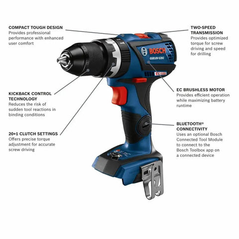 18V Brushless Hammer Drill Driver With Optional Bluetooth Connectivity Module featuring EC Motor and Kickback Control