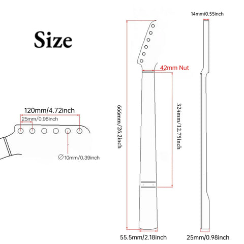 Dope Strat Guitar Neck Replacement 22 Frets 25.5 Inch Maple Wood Modern C Shape ST Style Neck With 9.5 Inch Radius Fretboard Medium Jumbo Frets For Stratocaster size diagram