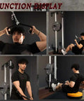 Man demonstrates exercises on Heavy Duty Wall Mount Cable Crossover Machine Dual Pulley Home Gym System in workout settings.