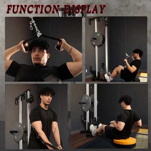 Man demonstrates exercises on Heavy Duty Wall Mount Cable Crossover Machine Dual Pulley Home Gym System in workout settings.