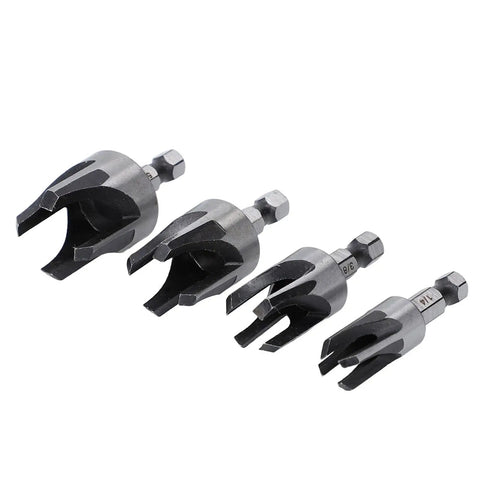 Top Tier Carbon Steel Tapered Plug Cutter Set Of Four With Hex Shank Handles Standard Size Variations for woodworking drill bits.