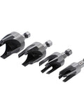 No Sweat Wood Dowel Drill Set With Tapered Plug Cutter Bits, 4 sizes, steel, for quick furniture repair and carpentry projects.