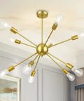 Gold Sputnik Pendant Light 10-Light Chandelier in room, modern industrial ceiling fixture with adjustable height rods.