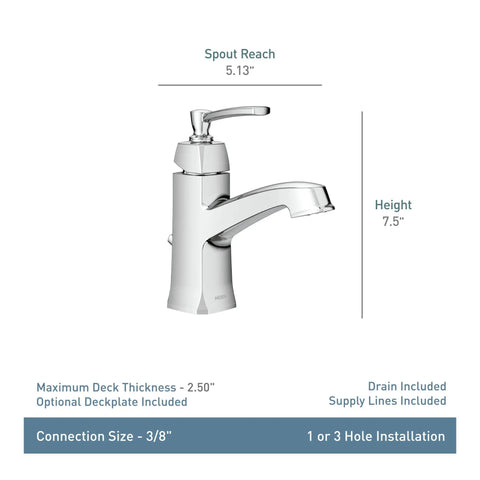 Spot Resistant Brushed Nickel One Handle Bathroom Faucet With Drain Assembly Flexible Install showing specs and dimensions.