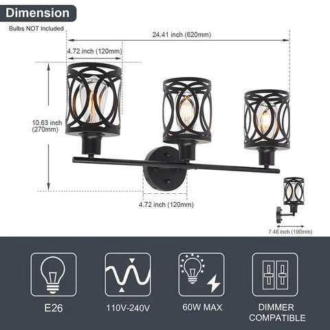 Dimensions of Three Light Industrial Vanity Light Fixture In Black Farmhouse Wall Sconce with E26 Base