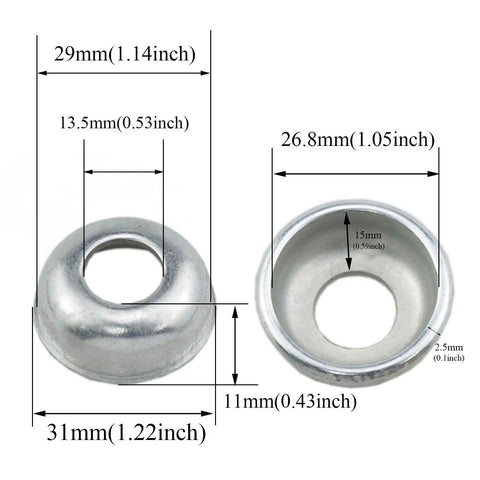 Rear Hub Cups and Bearing Retainer Set for Mountain Bikes, 4 Pack showing measurements in millimeters and inches