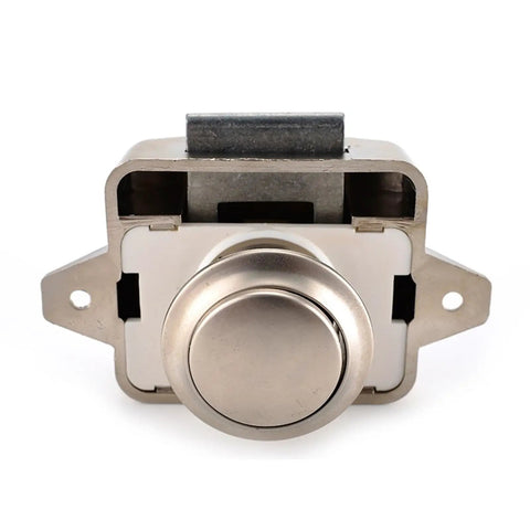 Front view of Push Lock Cabinet Latch 26mm For RVs Caravans Boats And Motor Homes On The Go Easy Install Drawer Button Lock Brown Finish
