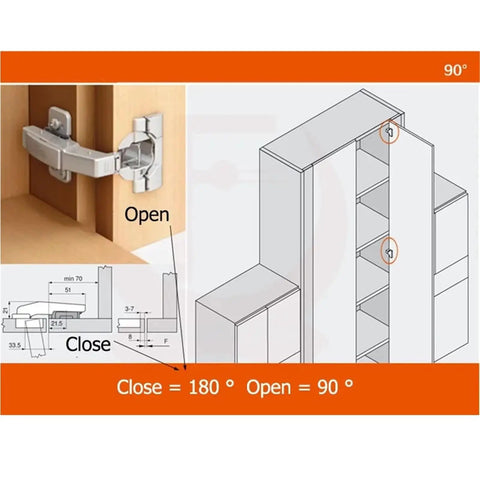 Diagram of 90 Degree Corner Fold Cabinet Hinges With Mounting Screws For Kitchen And Bathroom Cupboards, No Fuss Surface Install