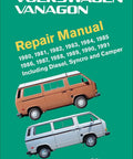 Volkswagen Vanagon Repair Manual For T3 Models 1980 To 1991 With Factory Style Procedures, Heavily Illustrated Step By Step Maintenance And Troubleshooting And Service Techniques For DIY Mechanics And Pros, front cover with two Vanagon vans