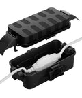 IP55 Weatherproof Outdoor Electrical Box With Detachable Awning UL Listed Compact 5.9 By 3.2 By 1.8 Inch Inner Space Extension Cord Cover For Plugs Outlets And Holiday Lights Black open view with cord inside