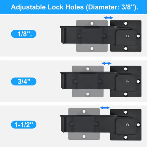Rock Solid 7.5 Inch Aluminum Flip Gate Latch Lock With Padlock Hole Two Pack showing adjustable lock holes sizes