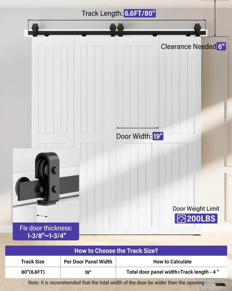 Bifold Barn Door Hardware Kit For 76 Inch Closet Doors, 80 Inch Track System with J Shape Top Mount Rollers, installation chart
