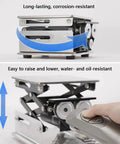 Built Tough Electric Scissor Lift Table With Smooth Remote Height Adjustment Stainless Steel Workstation Platform side view showing design and remote control.