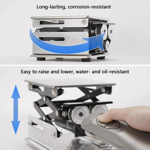 Built Tough Electric Scissor Lift Table With Smooth Remote Height Adjustment Stainless Steel Workstation Platform side view showing design and remote control.