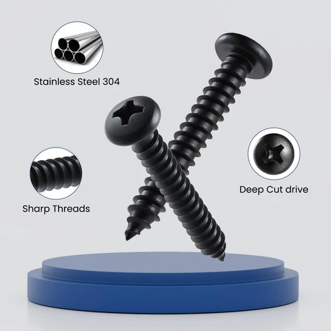 Number Eight By Three Quarters Inch Self Tapping Pan Head Wood Screws With Phillips Drive And Black Oxide Finish displayed with sharp threads and deep cut drive.