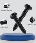 Number 12 By 1 Inch Pan Head Wood Screws With Phillips Drive Black Oxide Finished 304 Stainless Steel on display with sharp threads.