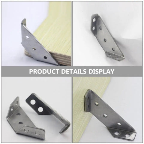 Heavy Duty Stainless Steel Corner Brackets With Pre Drilled Countersunk Holes Trapezoid Shape 10 Pack displayed on wood and wall