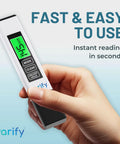 Hand holding 4-In-1 TDS Meter Digital Water Tester for Drinking Water, Precise TDS, EC and Temperature Readings Up To 9990 PPM.