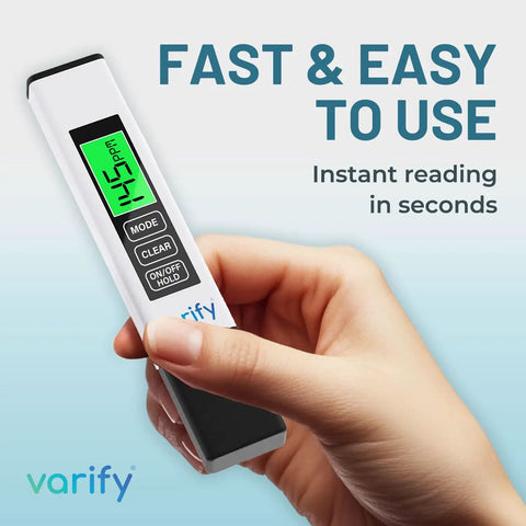 Hand holding 4-In-1 TDS Meter Digital Water Tester for Drinking Water, Precise TDS, EC and Temperature Readings Up To 9990 PPM.