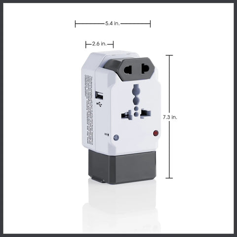 All In One Travel Plug Adapter With USB Charging Port And Surge Protection For Worldwide Use European Plug dimensions shown