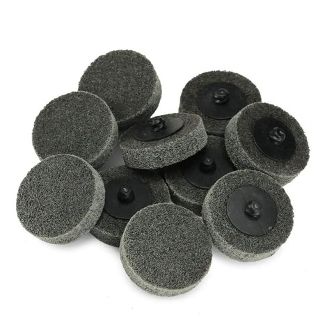 Ten-pack of 2-inch grey ultra fine silicon carbide nonwoven abrasive discs for steel, aluminum, stainless steel, and nonferrous metals.