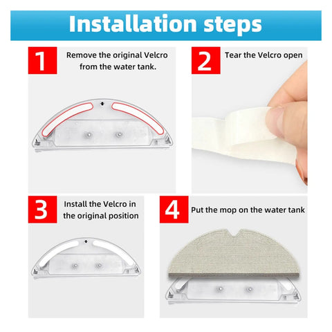 Installation steps for Premium Replacement Hook And Loop Fastener For Robot Vacuum Water Tank Snap Strap Easy Swap Magic Tape.