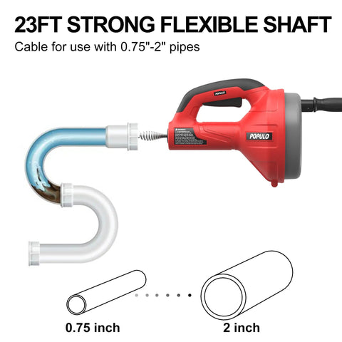 Heavy Duty 23 Ft Drain Auger Snake With Drill Adapter And Gloves for pipe sizes 0.75 to 2 inches, flexible shaft demonstration