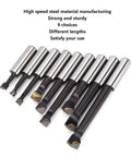 Three Eighths Inch Boring Bar Set Nine Piece HSS Boring Cutter Head Kit with carbide tips and varying lengths for CNC work