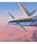 Box art of 1:72 Kyushu J7W1 Shinden Scale Model Kit with image of aircraft in flight, decals and transfers included