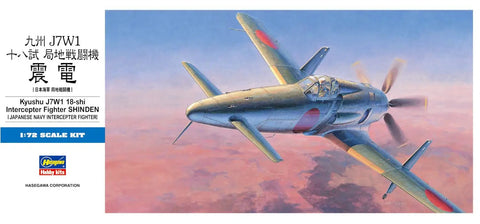 Box art of 1:72 Kyushu J7W1 Shinden Scale Model Kit with image of aircraft in flight, decals and transfers included