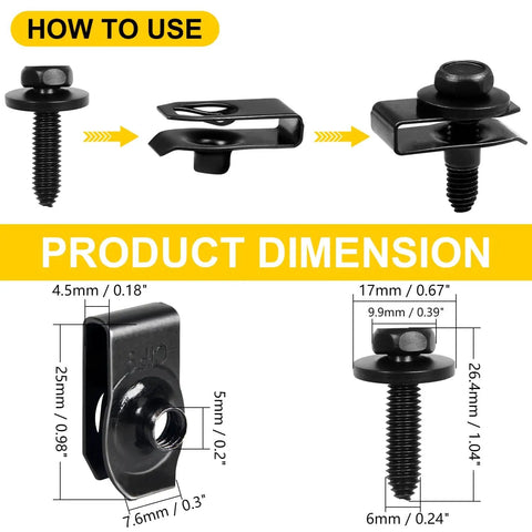 50 Piece Body Fastener Kit With 25 Bolts And 25 U Nut Clips For Fender Engine Cover Splash Shield Bumper Radiator Hood Shield Panel M6 Durable Black Phosphate Coated Easy Car Repair And Assembly dimensions and how to use guide view
