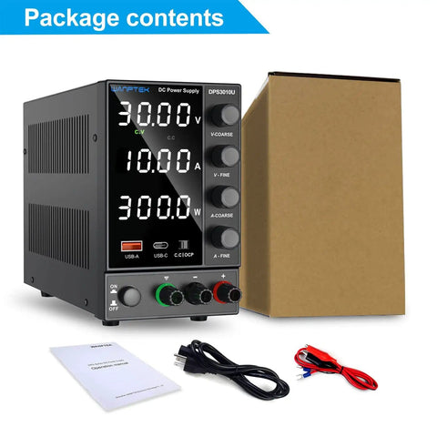 DC Variable Power Supply With Auto Voltage Detect 110V 220V Upgrade, Adjustable 0 to 30V 0 to 10A, with box and accessories