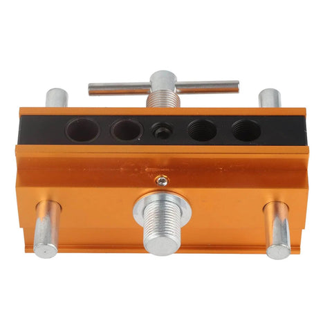 Front view of self centering doweling jig with aluminum alloy body and 6mm 8mm 10mm guide bushings for precision in wood joints.