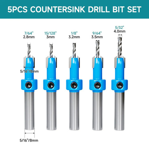 5-piece 8mm Round Shank Countersink Drill Bit Set for Woodworking, HSS Multi Size Kit with 2.8 3.0 3.2 3.5 4.0mm Bits