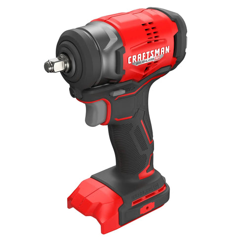 Bare Cordless Three Eighths Inch Drive Impact Wrench 165 Ft Lbs Max Torque Hog Ring Anvil Variable Speed Trigger Built In LED Work Light Ideal For Automotive Maintenance And Construction Tasks, angled view showing red and black design.