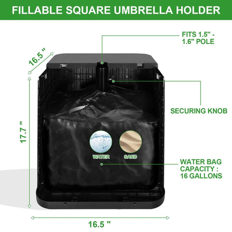 Dope 2 In 1 Outdoor Umbrella Stand Side Table With 1.5 To 1.6 Inch Hole, water and sand fillable base dimensions shown