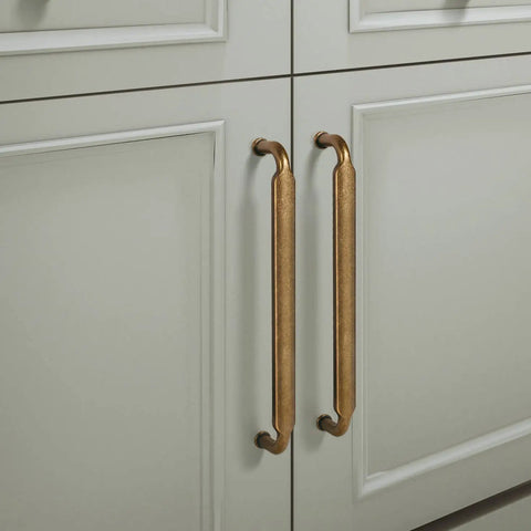 Antique Brass Zinc Alloy Cabinet Pulls Six Pack With 3-3/4 Inch Hole Center on white kitchen cabinets