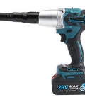 26V Cordless Rivet Gun With Brushless Motor And LED Work Light, Complete Riveting Set With Two Configuration Options, Includes 3 Interchangeable Guides, 5200mAh Battery, Charger, And M3 To M8 Rivet Nut Mandrels. side view with 26V battery
