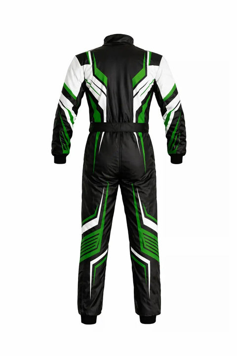 Back view of a custom digital printed karting suit for adults and kids, lightweight breathable motorsport gear with fade-resistant printing.