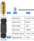 IP68 Weatherproof Junction Box For Outdoor Wiring Featuring Inline Cable Connectors And 80A Screw Terminals Custom Fit For Six To Ten Awg Wires Built Tough As Nails To Power Up Your Diy Projects With Zero Sweat, includes connectors and specs.