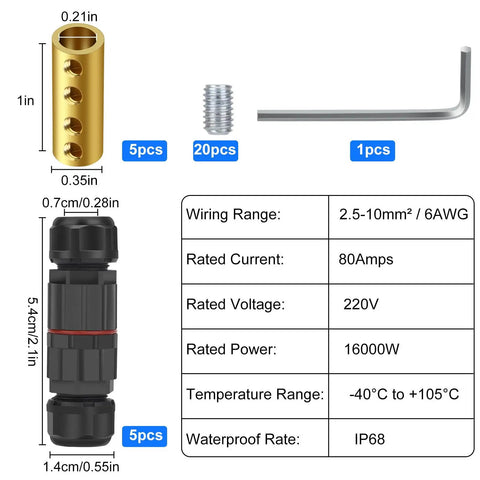 IP68 Weatherproof Junction Box For Outdoor Wiring Featuring Inline Cable Connectors And 80A Screw Terminals Custom Fit For Six To Ten Awg Wires Built Tough As Nails To Power Up Your Diy Projects With Zero Sweat, includes connectors and specs.