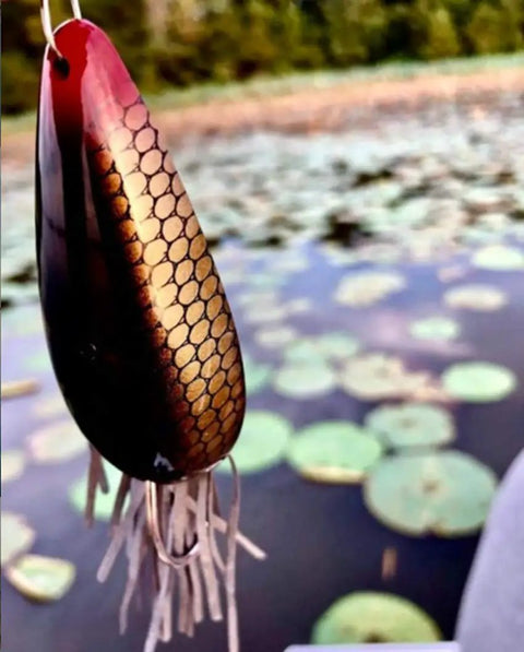 Close-up of a black Moss Boss fishing lure with honeycomb pattern and rubber skirt, designed for freshwater use in lakes and rivers.