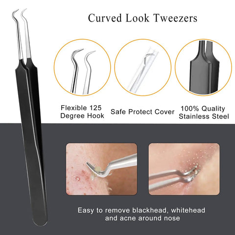 Curved tweezers from 6 Piece Pimple Popper Tool Kit Blackhead Remover Comedone Extractor Set with 125-degree hook and stainless steel