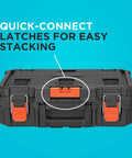 Beyond Stackable Tool Storage System 3 Piece Set with small deep toolbox showing quick-connect latches on a blue background.